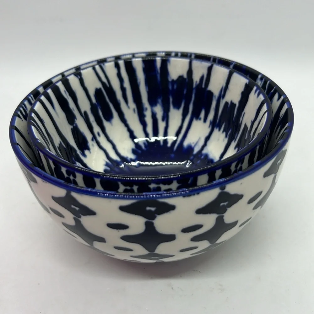 Set of 2 West Elm Ceramic Nesting Bowls Indigo Blue Tie Dye